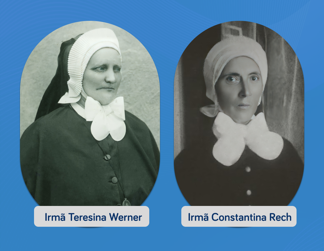 mídia com duas imagens que representam as irmas teresina werner e irmã constantina rech